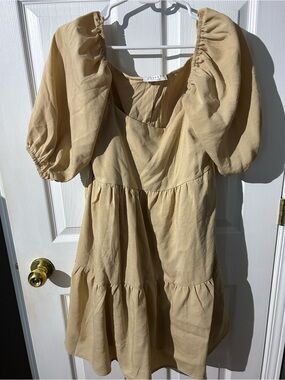 Ganni Puff Sleeve Tiered Mini Dress in Beige